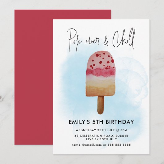 夏のポップオーバー&チルポップシクルパーティー誕生日 招待状 (正面/裏面)