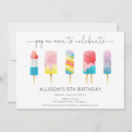夏のポップシクルアイスクリーム誕生日パーティー 招待状 (正面)