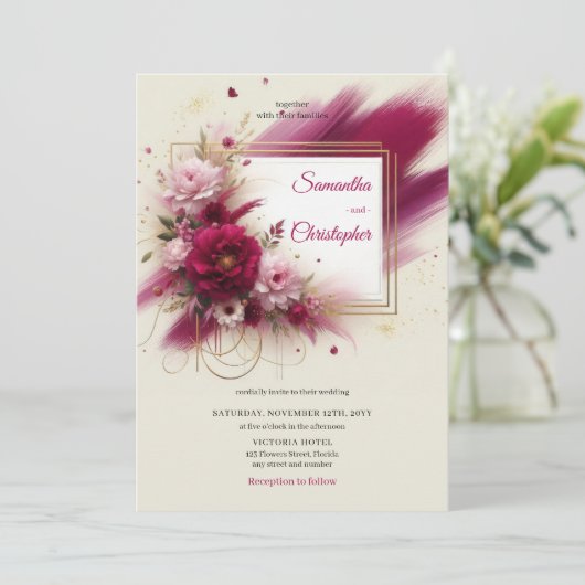 夏のマゼンダ色の花とフェイク金ゴールドフレー結婚ムの 招待状 (スタンド正面)