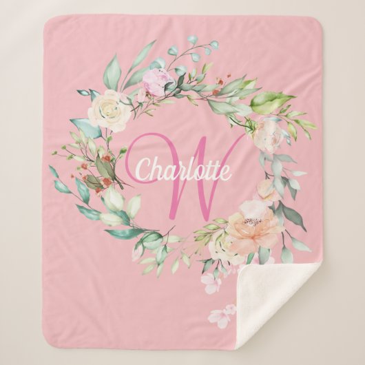夏のモダンバラピンクイニシャルスクリプトモノグラム シェルパブランケット (正面)