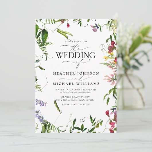 夏のモダンワイルドフラワーの水の色のスクリプト結婚の 招待状 (スタンド正面)