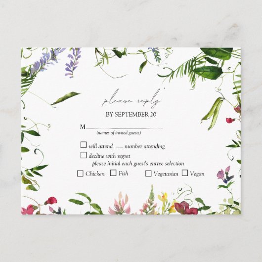 夏のモダンワイルドフラワー水彩結婚式RSVP インビテーションポストカード (正面)
