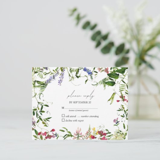 夏のモダンワイルドフラワー水彩結婚式RSVP インビテーションポストカード (スタンド正面)