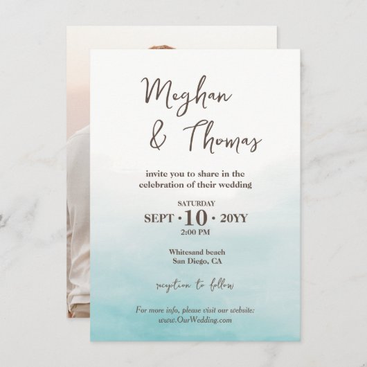 夏のモダン海ビーチをテーマにした結婚写真 招待状 (正面/裏面)