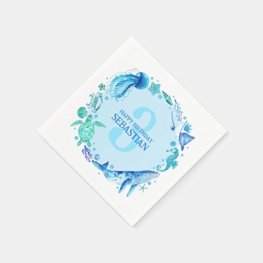 夏のモダン海動物の青い水色 スタンダードカクテルナプキン (角)