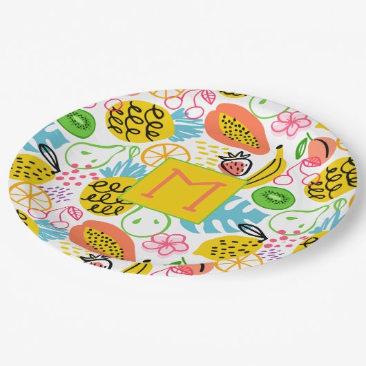 夏のモノグラムの果実模様 ペーパープレート (アングル)