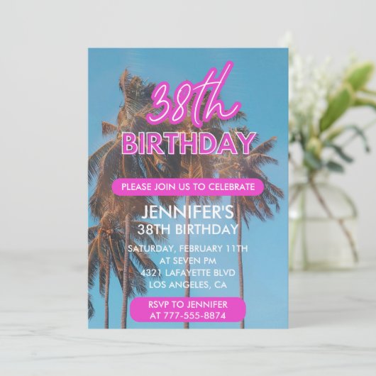 夏のヤシの木トロピカルピンク38歳の誕生日 招待状 (スタンド正面)