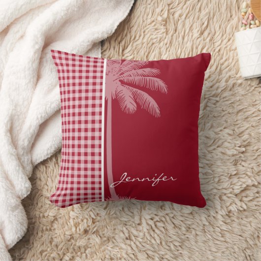 夏のヤシ、カーミン赤いギンガム市松模様に; クッション (ブランケット)