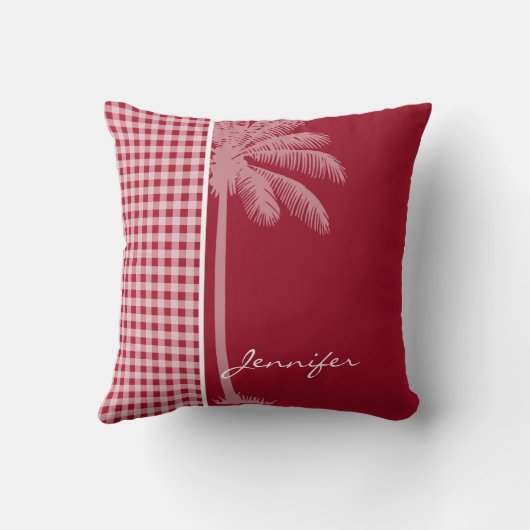 夏のヤシ、カーミン赤いギンガム市松模様に; クッション (裏面)