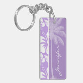 夏のヤシ;明るいラベンダーの熱帯ハイビスカス キーホルダー (正面左)