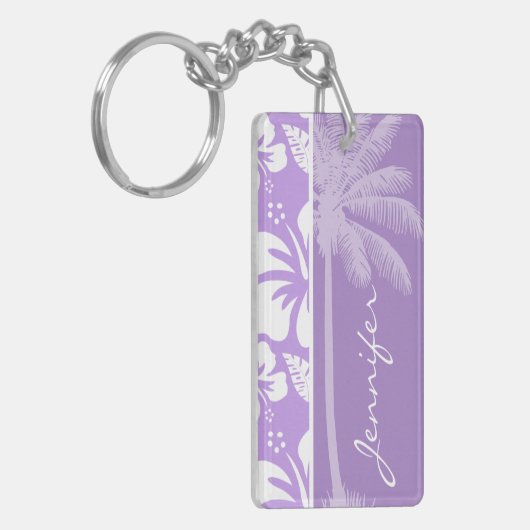 夏のヤシ;明るいラベンダーの熱帯ハイビスカス キーホルダー (正面左)