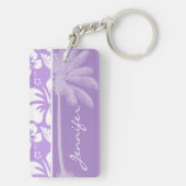 夏のヤシ;明るいラベンダーの熱帯ハイビスカス キーホルダー (裏面)
