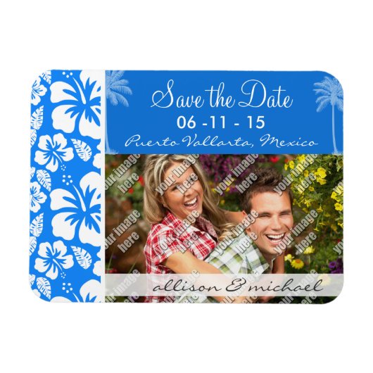 夏のヤシ;紺色の熱帯性ハイビスカス マグネット (横)