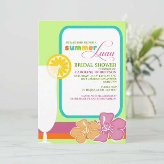 夏のルアウ（ハワイ式宴会）ブライダルシャワー招待状 招待状 (スタンド正面)