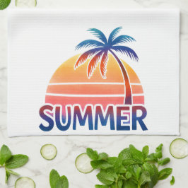 夏のレトロなサンセットヤシの木 キッチンタオル