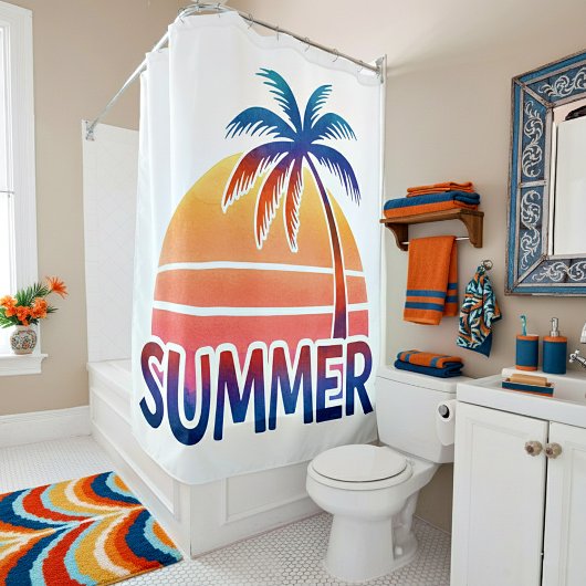 夏のレトロなサンセットヤシの木 シャワーカーテン