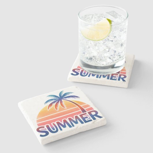 夏のレトロなサンセットヤシの木 ストーンコースター (横)