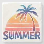夏のレトロなサンセットヤシの木 ストーンコースター (正面)