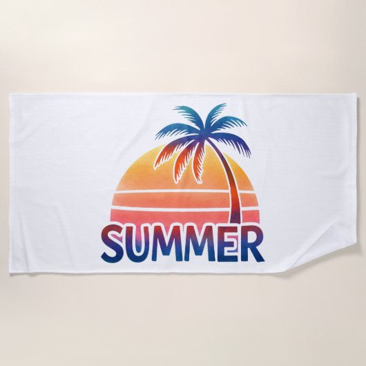 夏のレトロなサンセットヤシの木 ビーチタオル (正面)