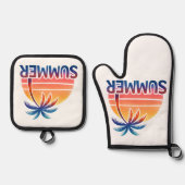 夏のレトロなサンセットヤシの木 鍋つかみ&鍋敷きセット (正面)