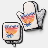 夏のレトロなサンセットヤシの木 鍋つかみ&鍋敷きセット (正面/裏面)