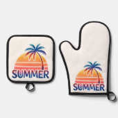 夏のレトロなサンセットヤシの木 鍋つかみ&鍋敷きセット (正面)