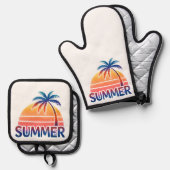 夏のレトロなサンセットヤシの木 鍋つかみ&鍋敷きセット (正面/裏面)