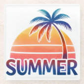 夏のレトロな夕焼けのヤシの木 ガラスコースター (正面)