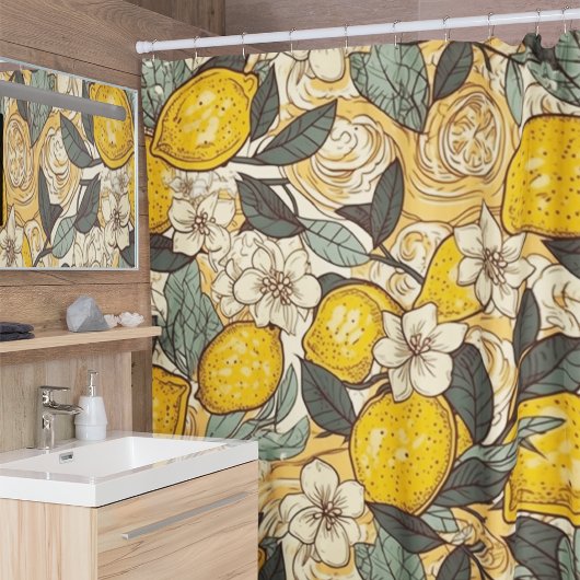夏のレモンと白い花 シャワーカーテン