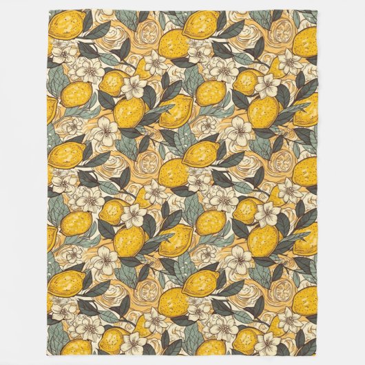 夏のレモンと白い花 フリースブランケット (正面)