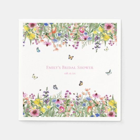 夏のワイルドフラワーと蝶のブライズシャワー スタンダードカクテルナプキン (正面)