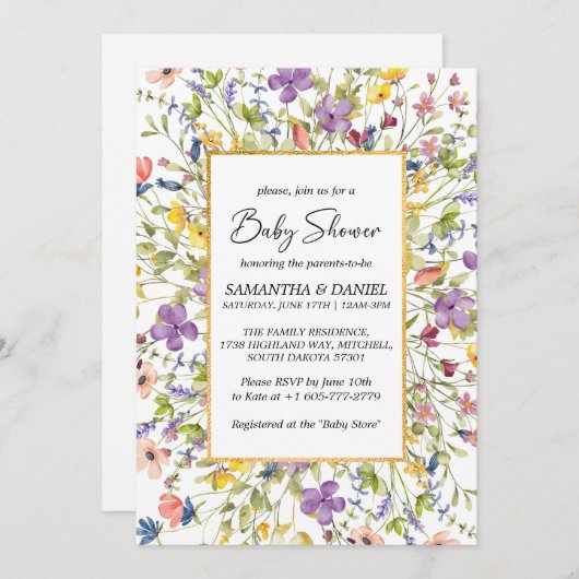 夏のワイルドフラワーの牧場のベビーシャワー 招待状 (正面/裏面)