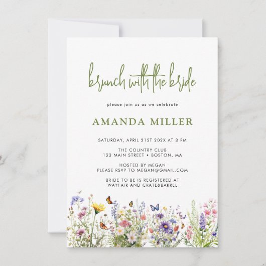 夏のワイルドフラワーの花嫁シャワー・ブランチの招待状 招待状 (正面)