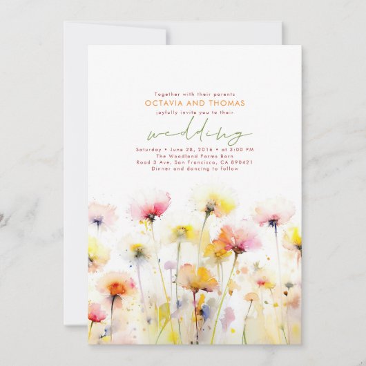夏のワイルドフラワーロマンチック結婚ボホ 招待状 (正面)