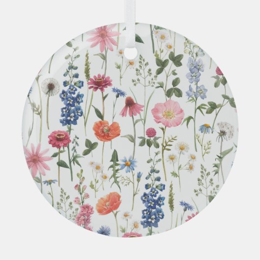 夏のワイルドフラワー、水の色のシームレスなパターン。 ガラスオーナメント (正面)