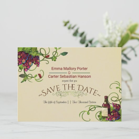 夏のワインのブドウ園のロマンチックな保存日付 セーブザデート (スタンド正面)
