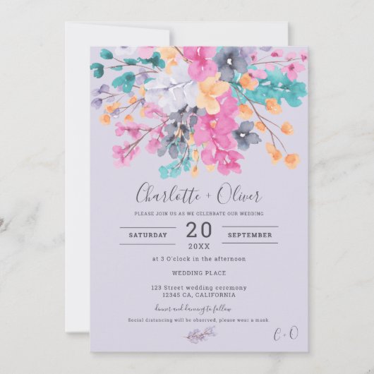 夏の乾燥した野生のフローラの水の色の結婚写真 招待状 (正面)