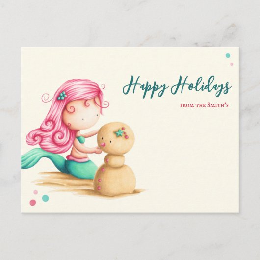 夏の人魚と家族からのビーチクリスマス ポストカード (正面)