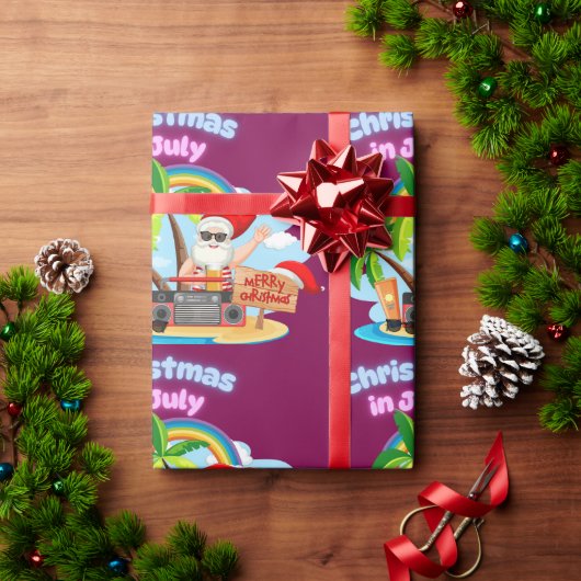 夏の休暇 クリスマスの楽しみ ビーチのサンタ ラッピングペーパー (クリスマスギフト)