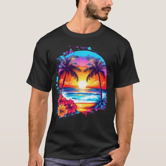 夏の休暇 ビーチ ヤシの木 ハイビスカスの花 Tシャツ (正面)