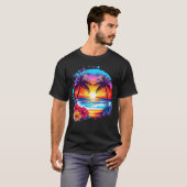 夏の休暇 ビーチ ヤシの木 ハイビスカスの花 Tシャツ (正面フル)