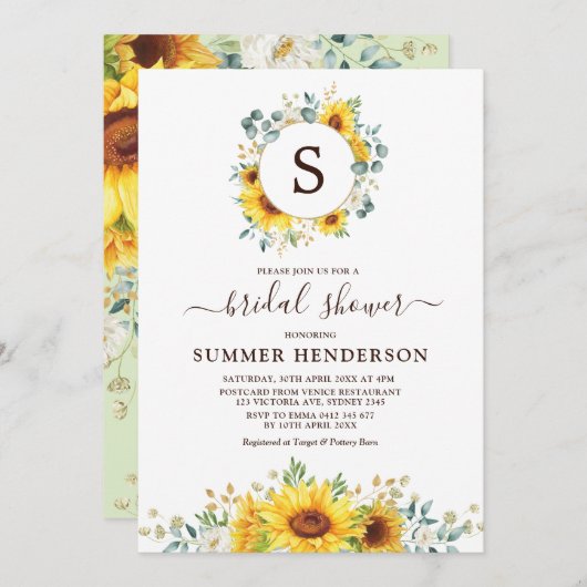 夏の光輝-庭のヒマワリのブライダルシャワー 招待状 (正面/裏面)