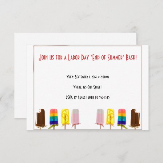 夏の労働者の日の招待状のアイスキャンデーの端 招待状 (正面/裏面)