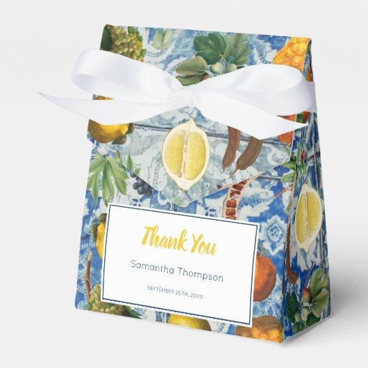 夏の地中海のフルーツ青モザイク赤ちゃんシャワー フェイバーボックス (正面サイド)