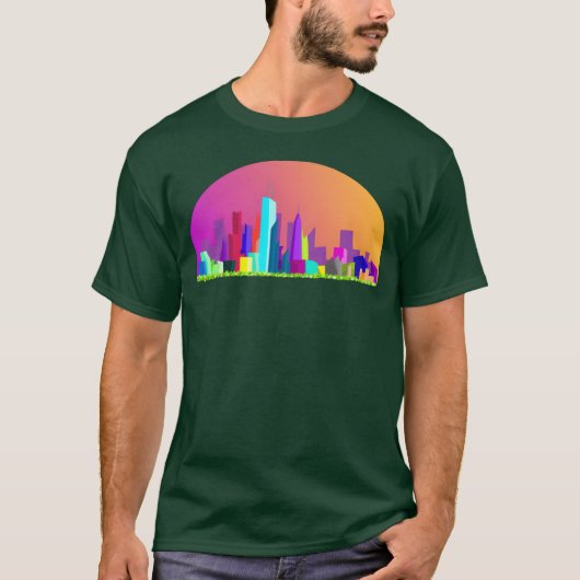 夏の夕方の都会のスカイラインの少女 Tシャツ (正面)