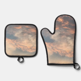 夏の夕日の空の青、ほこりっぽいピンク、灰色、黄色 鍋つかみ&鍋敷きセット