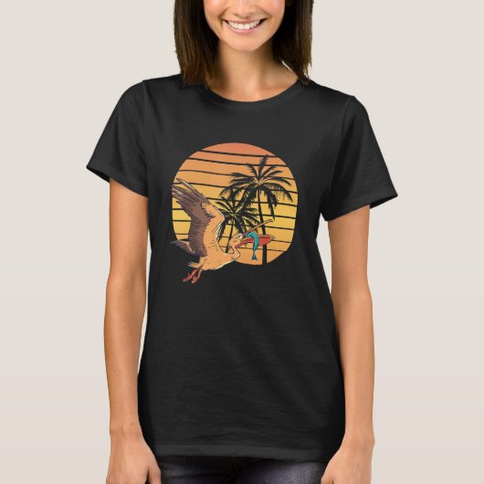 夏の夕焼けペリカン鳥動物釣りトロピカル Tシャツ (正面)