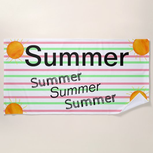 夏の夕焼け ピンク 緑 白 ストライプ ビーチタオル (正面)