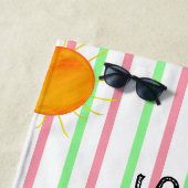 夏の夕焼け ピンク 緑 白 ストライプ ビーチタオル (インサイチュ)