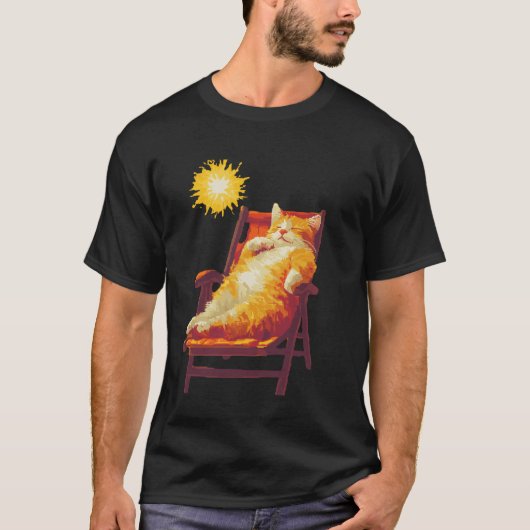 夏の太陽の下でのんびり猫アート Tシャツ (正面)